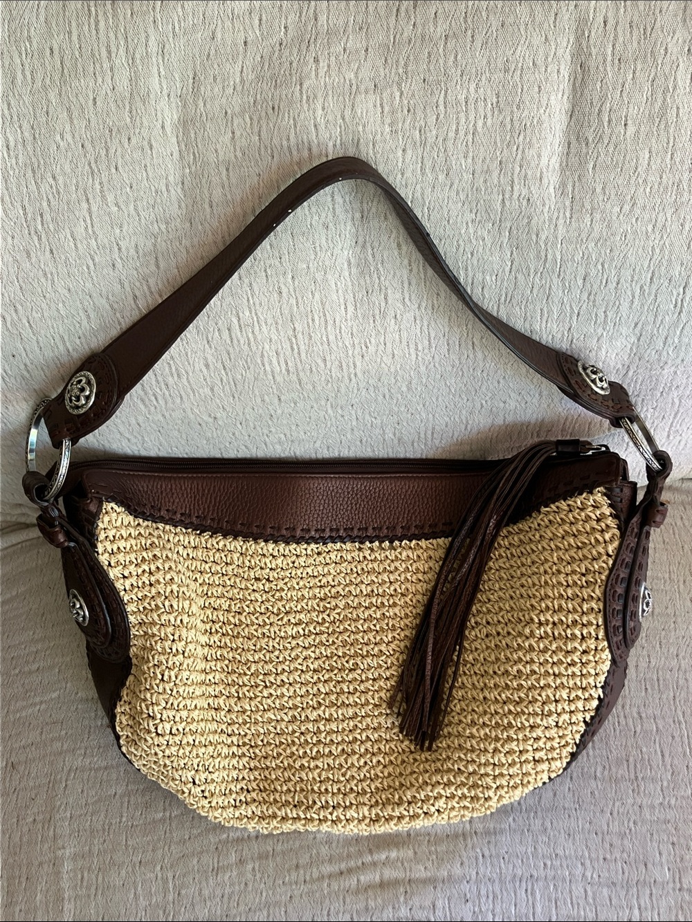 Brighton Brown Leather-Trim Straw Shoulder Bag
